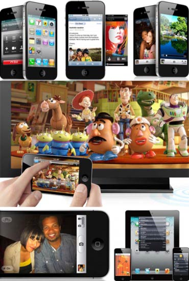 A collage of features found on Android smartphones and Apple's iPhone