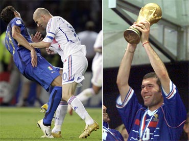 From right: Zinedine Zidane of France lifts the Soccer World Cup trophy after their victory over Brazil in the World Cup Final July 12, 1998; Italy's Marco Materazzi falls on the pitch after being head-butted by France's Zinedine Zidane