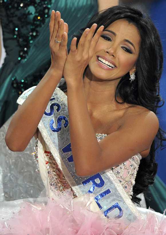 Miss Venezuela, Ivian Sarcos, reacts as she hears that she has been named Miss World 2011 in Earls Court in west London