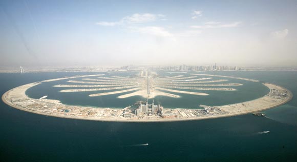 An aerial view of the man-made palm tree-shaped islands in Dubai