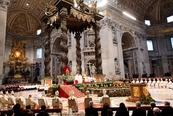 A view of St. Peter's Basilica during a mass held by Pope Benedict XVI with  newly appointed cardinals, on February 19, 2012 in Vatican City, Vatican. The 84 year old Pontiff installed 22 new cardinals during his fourth concistory, who will be responsible for choosing his sucessor.