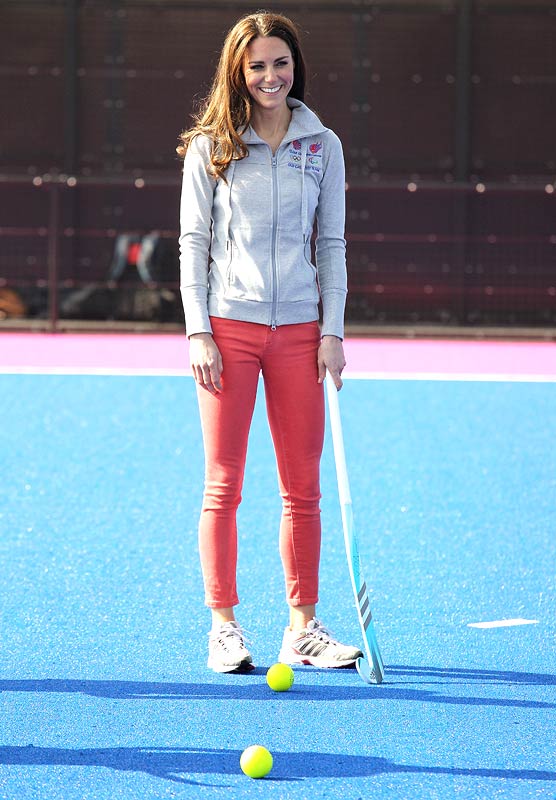Catherine, Duchess of Cambridge plays hockey with the GB hockey teams at the Riverside Arena in the Olympic Park on March 15, 2012 in London, England