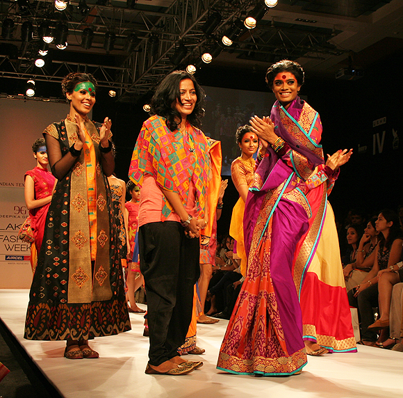 Deepika Govind, centre, with her models during her show at Lakme Fashion Week Winter/ Festive 2012 in Mumbai.