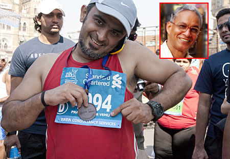 Pravin C Venu after he ran the Mumbai marathon and got a medal; Inset: C V Venu