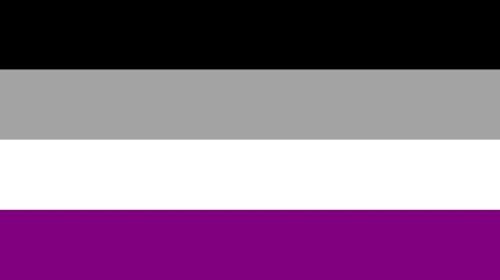 The asexual flag: It consists of four equal horizontal stripes, with the black stripe representing asexuality, the grey stripe grey-asexuality and demisexuality, the white stripe sexuality and the purple stripe community