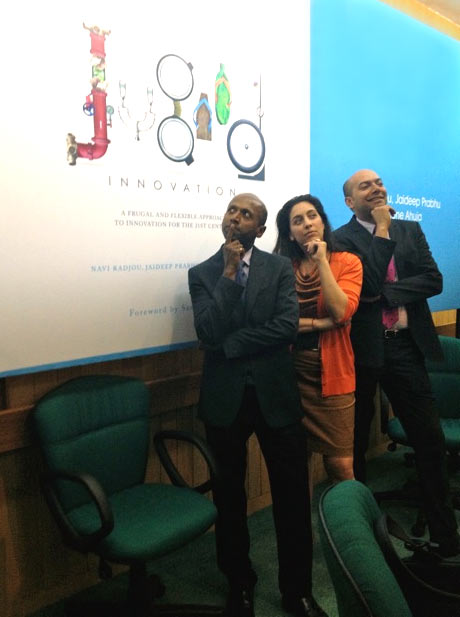 The authors at the launch of their book in Delhi. From left: Navi Radjou, Simone Ahuja and Jaideep Prabhu