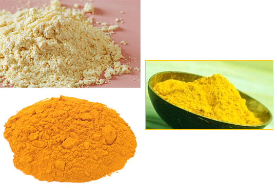 Gram flour (top left) mixed with turmeric powder (bottom left) will give you yellow colour (inset)