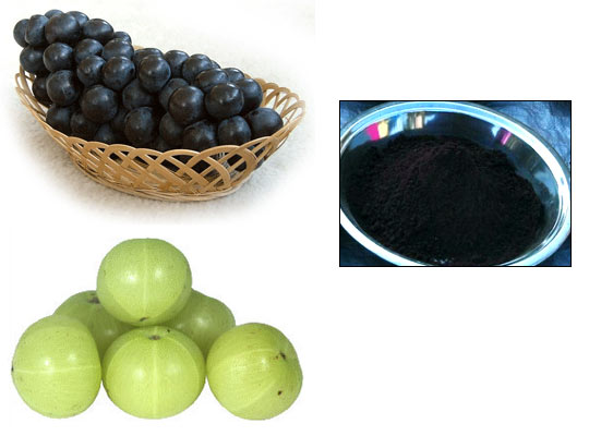 Use amla (bottom left) or juice of black grapes (top left) to get jet black colour (inset)