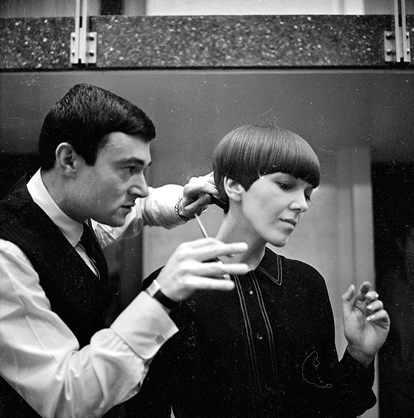 Clothes designer Mary Quant, one of the leading lights of the British fashion scene in the 1960's, having her hair cut by another fashion icon, hairdresser Vidal Sassoon