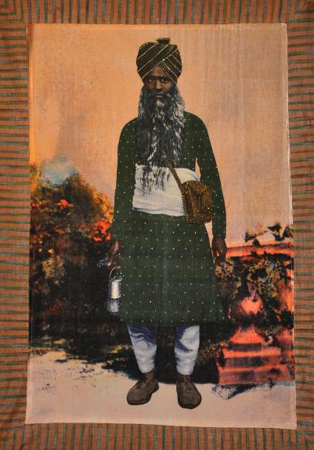Ismail, the hajaam. Giclee print on silk velvet with stones embellishment and cotton silk border.