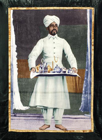 Abbas Khan, the khidmatgar. Giclee print on silk velvet with rayon velvet border. Embellished with stones.