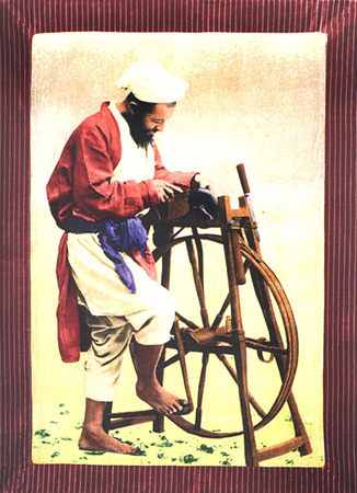 Alamgir, the knife grinder. Giclee print on silk velvet with khari print border