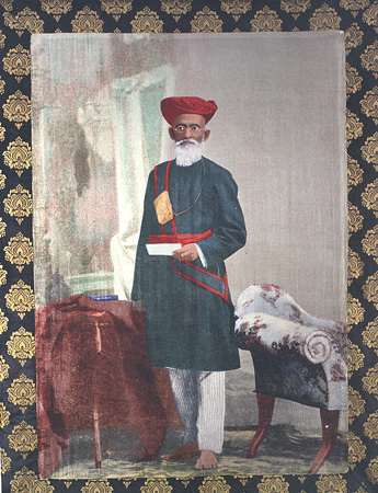 Babu Bhai, the office peon. Giclee print on silk velvet with block print velvet border