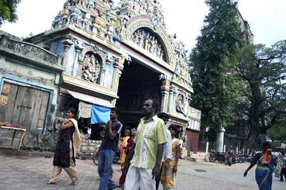 Devotees outside the Meenakshi Amman temple in Madurai