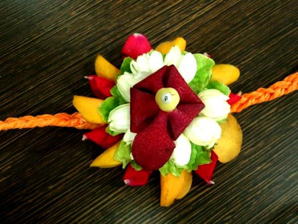 A rakhi made out of flowers