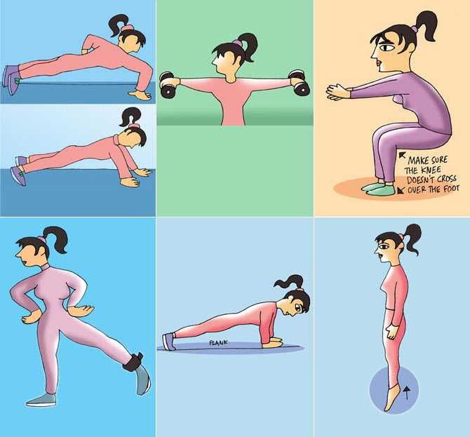 Clockwise from top left: Push-ups, lateral raises, squats, heel raises, the plank and leg abductions