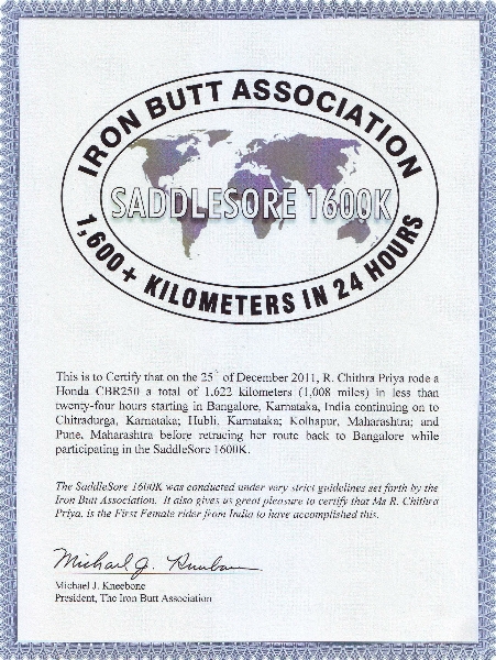 The certificate that endorses Chithra's achievements -- of having completed the Saddle Sore endurance ride and having been the first Indian woman to have done so.