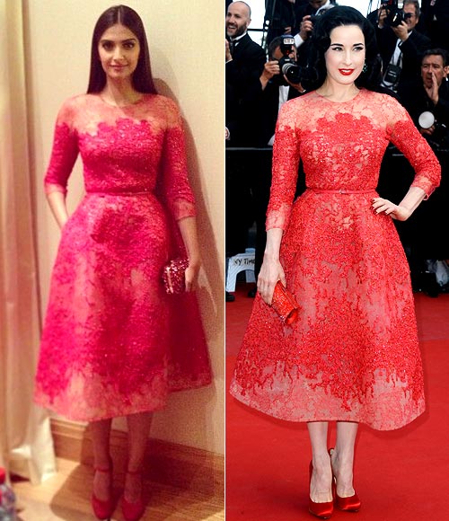 Sonam Kapoor and (right) Dita Von Teese in Elie Saab