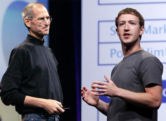 Left: Apple Corporation CEO Steve Jobs speaks about the new iPhone 3G during his keynote speech at the Apple Worldwide Developers Conference in San Francisco, California June 9, 2008; Right: Facebook CEO Mark Zuckerberg delivers his keynote address at the Facebook f8 Developers Conference in San Francisco, California September 22, 2011.