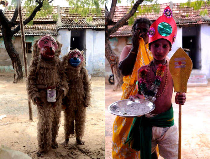 Children and adults wear masks and fancy costumes to beg for alms at the Mutharamman Temple