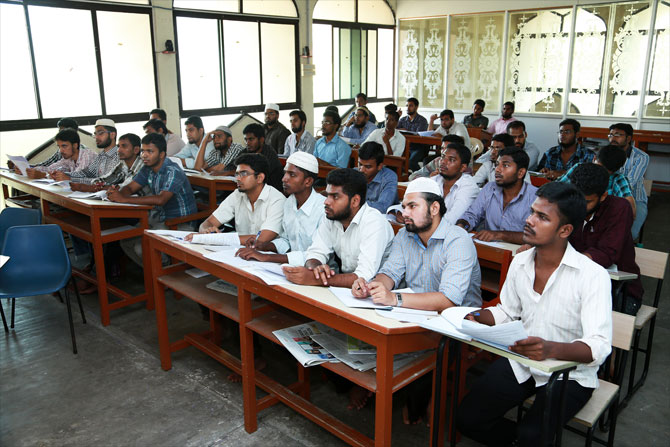 A class is session inside Makkah Masjid in Chennai; Inset: Maulana Shamsudeen Qasimi, founder, Azhagiya Kadan IAS Academy