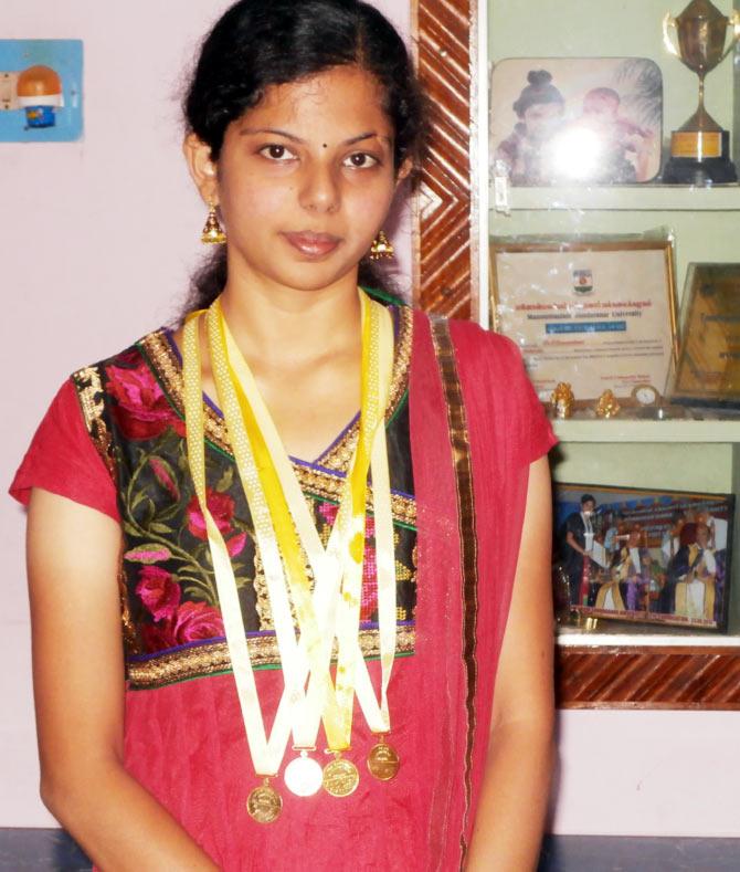 S Alagu is the only topper from Manonmaniam Sundaranar University who has four gold medals to her credit