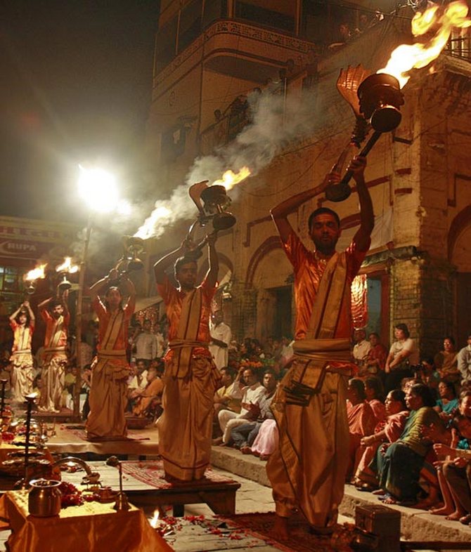 Hindu priests perform the Ganga Aarti in Varanasi.