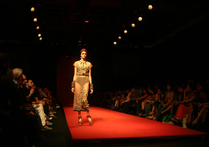 Sabya's outfits have largely been conservative, never showing more skin than necessary. His March 2010 show at Lakme Fashion Week though was a departure from his trademark ethnicwear. Sabya put out a decidedly breezy line, with hints of bling and plenty of boho touches. Seen here is a model walking the runway in one of the designer's more risque creations.