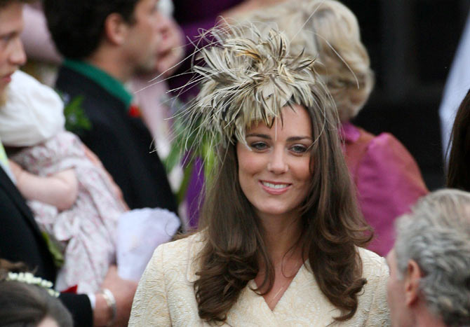 Kate Middleton at the wedding of Laura Parker Bowles and Harry Lopes at St Cyriac's Church in Wiltshire, west England.