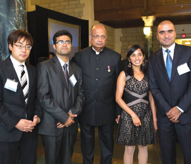From left, Marconi Society's Paul Baran Young Scholars 2014 Kiseok Song and Dr Himanshu Asnani, Marconi Fellow 2014 Professor A J Paulraj and Young Scholars Aakanksha Chowdhery (2012) and Salman Baset (2008).