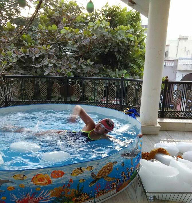 Bhakti Sharma rehearses in a pool of ice water