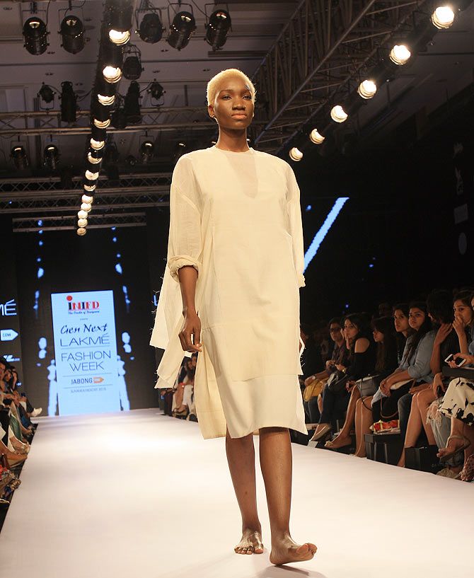 Model Ugochi Latoya Igwilo in an Alan Alexander Kaleekal creation at Lakme Fashion Week.