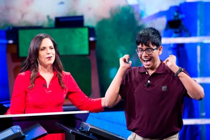 2015 National Geographic Bee champion Karan Menon, 14, of New Jersey celebrates his win with Bee moderator and award-winning journalist Soledad O’Brien at National Geographic headquarters in Washington, D.C., on May 13. 