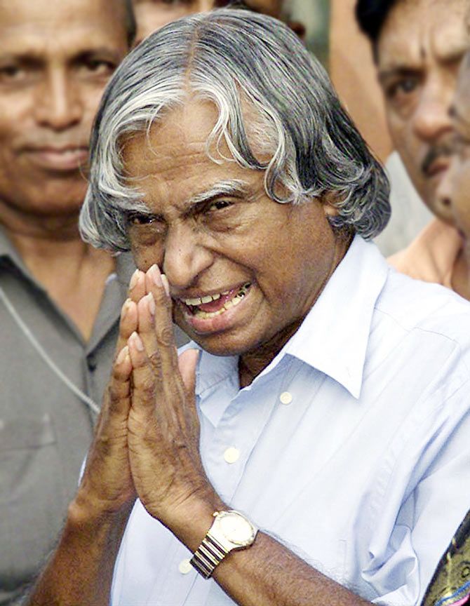 In this file photograph, newly elected Indian President A P J Abdul Kalam greets supporters outside his house in New Delhi July 18, 2002. Dr A P J Abdul Kalam spearheaded the country's missile programme and was overwhelmingly elected to the post of president of the world's second most populous nation.