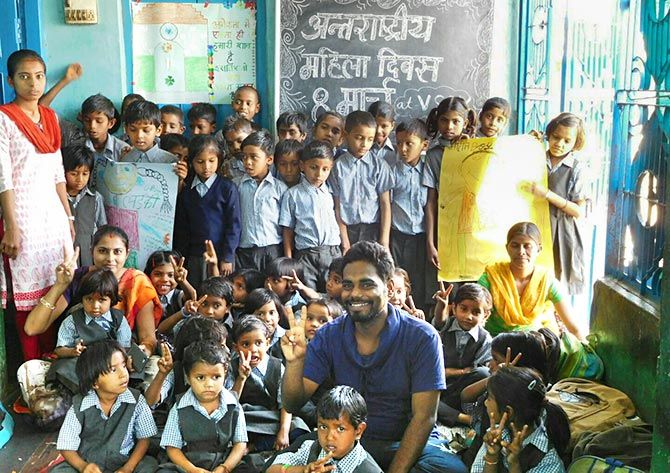 Rahul Dubey with school kids
