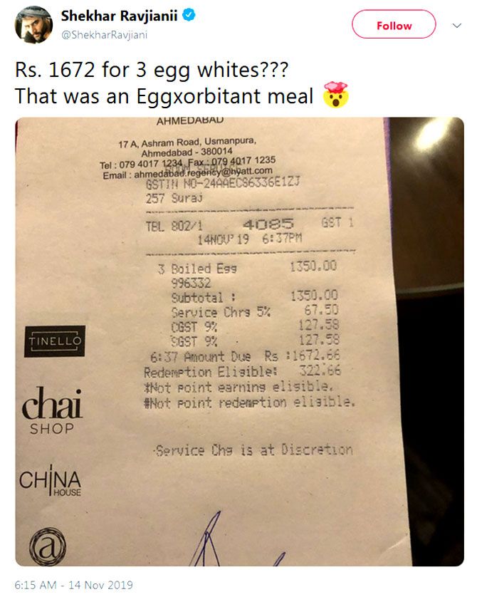 Shekhar Ravjiani was charged Rs 1672 for three egg whites