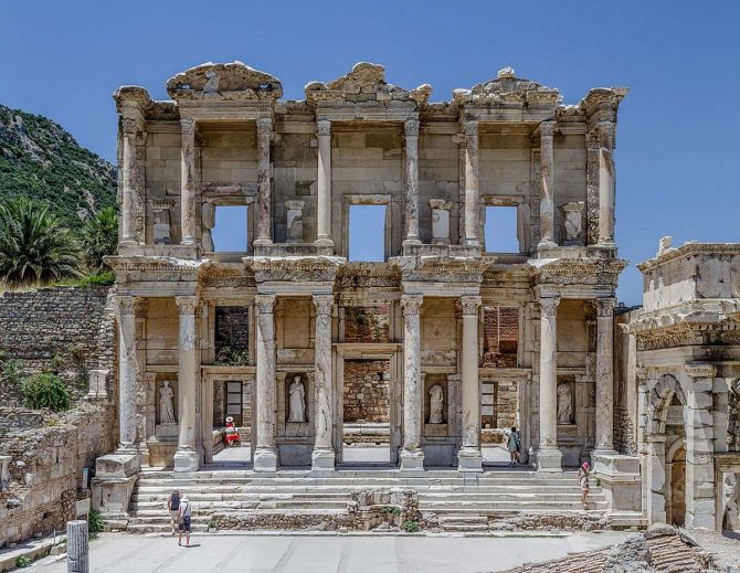 Façade of the Celsus library, in Ephesus, near Selçuk, west Turkey.