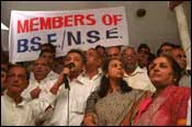 Former BSE board member Deena Mehta along with fellow brokers agitating outside the BSE building on Thursday. - Photos: Jewella C Miranda