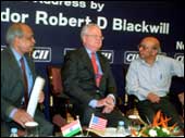 Outgoing US Ambassador Robert Blackwill (centre) with CII International Chairman Arun Bharat Ram (left) and CII Director General Tarun Das at a meeting in New Delhi on Thursday. Photo: Ranjan Basu/ Saab Press