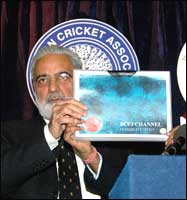 I.S. Bindra, PCA president, releasing the feasibility report for the launch of proposed BCCI's television channel in New Delhi on Wednesday. Photograph: Sondeep Shankar/ Saab Press