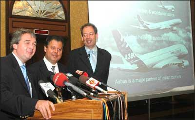 Kiran Rao, Airbus senior vice president marketing (centre), Nigel Harwood, vice president sales, India, (left) and David Velupillai regional press manager, communications, addressing a press conference in New Delhi on Tuesday to announce orders and commitments for 280 airliners worth around $33.5 billion at the Paris Air Show. Photograph: Sondeep Shankar/ Saab Pictures