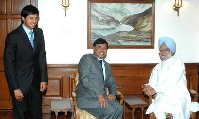 Steel magnate Lakshmi N Mittal  and his son Aditya called on Prime Minister Manmohan Singh in New Delhi on Friday, July 7, 2006. Photograph: Ranjan Basu/Saab Pictures 