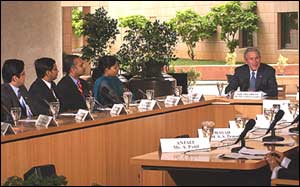 President Bush interacting with students at a Round Table at ISB in Hyderabad on Friday. Photo: ISB