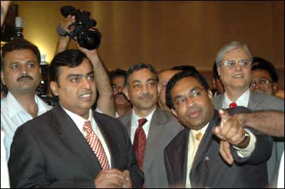 Reliance Industries Chairman Mukesh Ambani at RPL's listing ceremony at the Bombay Stock Exchange on May 11, 2006. Photograph: Arun Patil