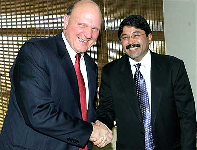 Microsoft CEO Steve Ballmer shakes hands with IT Minister Dayanidhi Maran at a meeting in New Delhi on Wednesday. Photograph: Raveendran/AFP/Getty Images