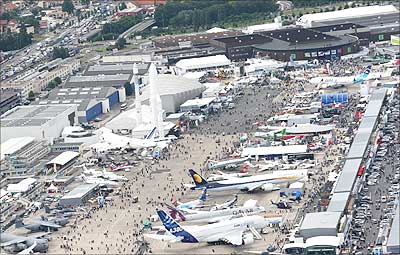 Aerial View of the Bourget airport during the 47th Paris International Air Show in Paris. Photograph: Pierre Verdy/AFP/Getty Images