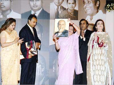 (Left to right) Tina A Ambani, Anil D Ambani, Kokilaben D Ambani, Mukesh D Ambani, Nita M Ambani at function to mark the release of the book Dhirubhai Ambani: The Man I Knew, written by Kokilaben, in Mumbai. Photograph, courtesy: Reliance Industries