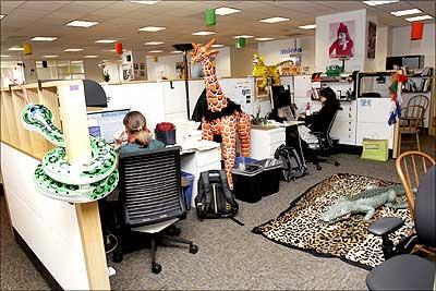 At the new Google offices in downtown San Francisco, USA employees work in their shared office space, decorated with a safari theme