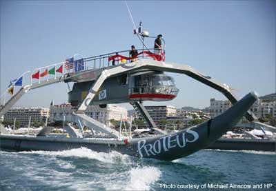 The Proteus, a cruiser known as Wave Adaptive Modular Vessel or WAM-V, blasts along on two giant inflatable tubes that let it 'dance' with waves.