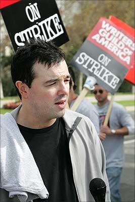 Seth MacFarlane participates in the strike held by the Writers Guild of America in November, 2007